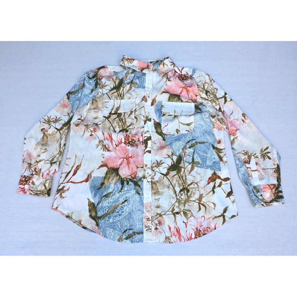 Chicos Womens 2 White Pink Floral Blue Lace Medallion Print Button Up Blouse